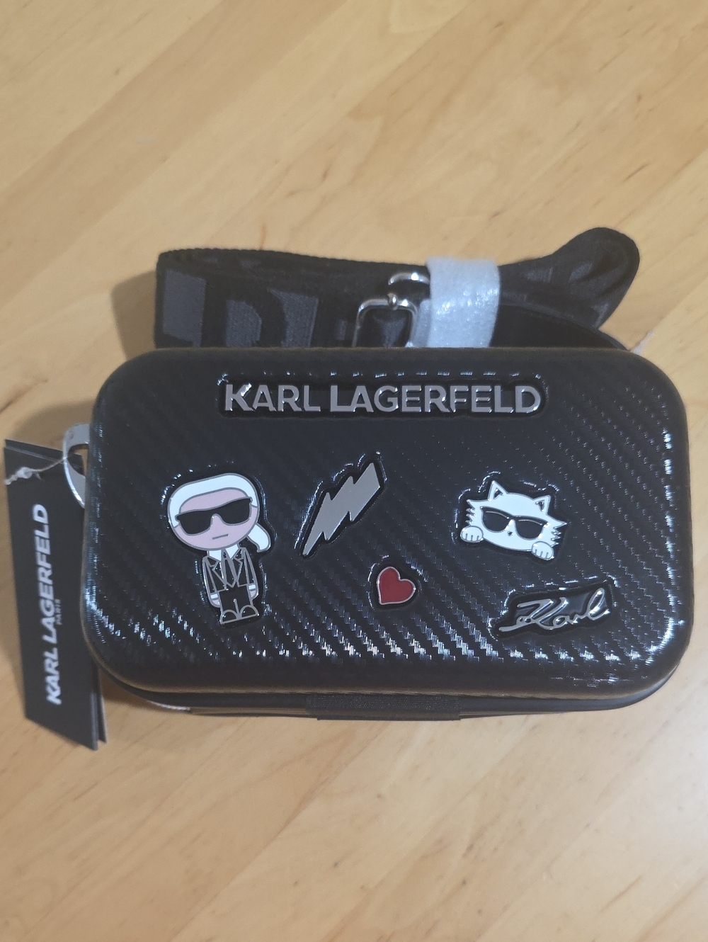 Karl Lagerfeld Black Mini Crossbody Case with Enamel Badge Accents